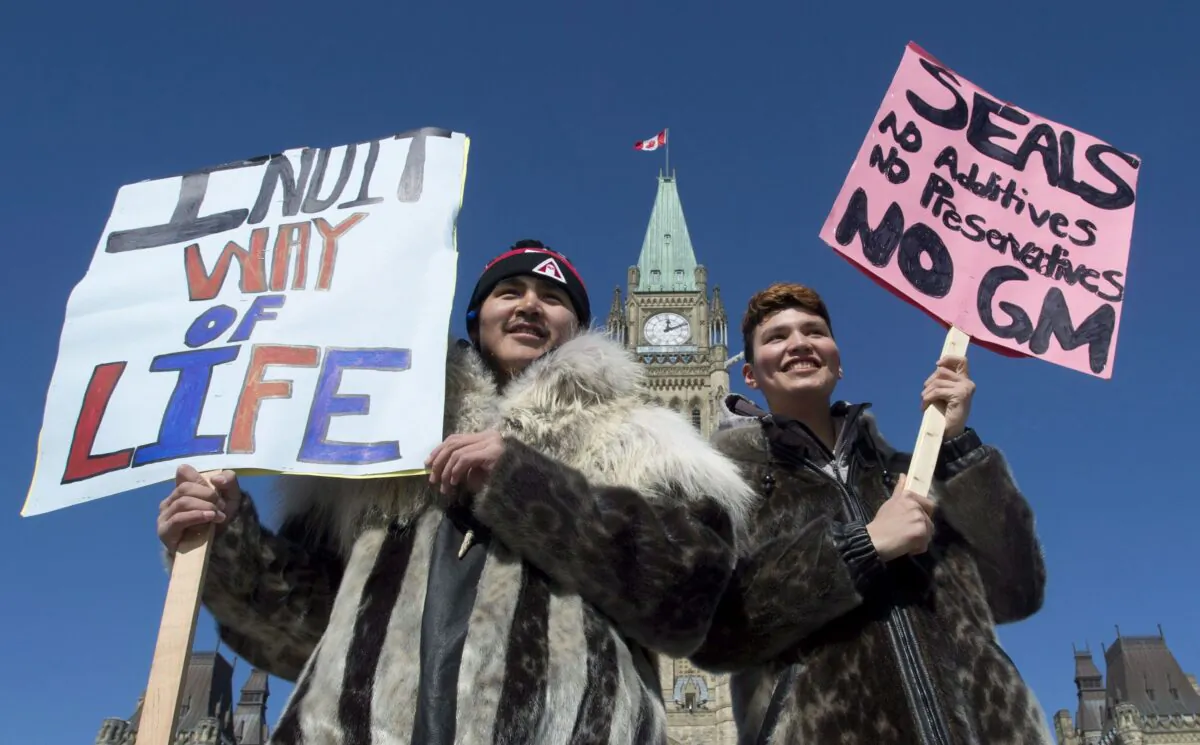 Inuit students wearing sealskin jackets take part in a rally on Parliament Hill on March 18, 2014, to protest the World Trade Organization's decision to uphold a European Union ban on imported seal products. A program run by an Iqualiut-based sealskin fashion designer helps keep poverty at bay for some in the Inuit community. (The Canadian Press/Adrian Wyld)