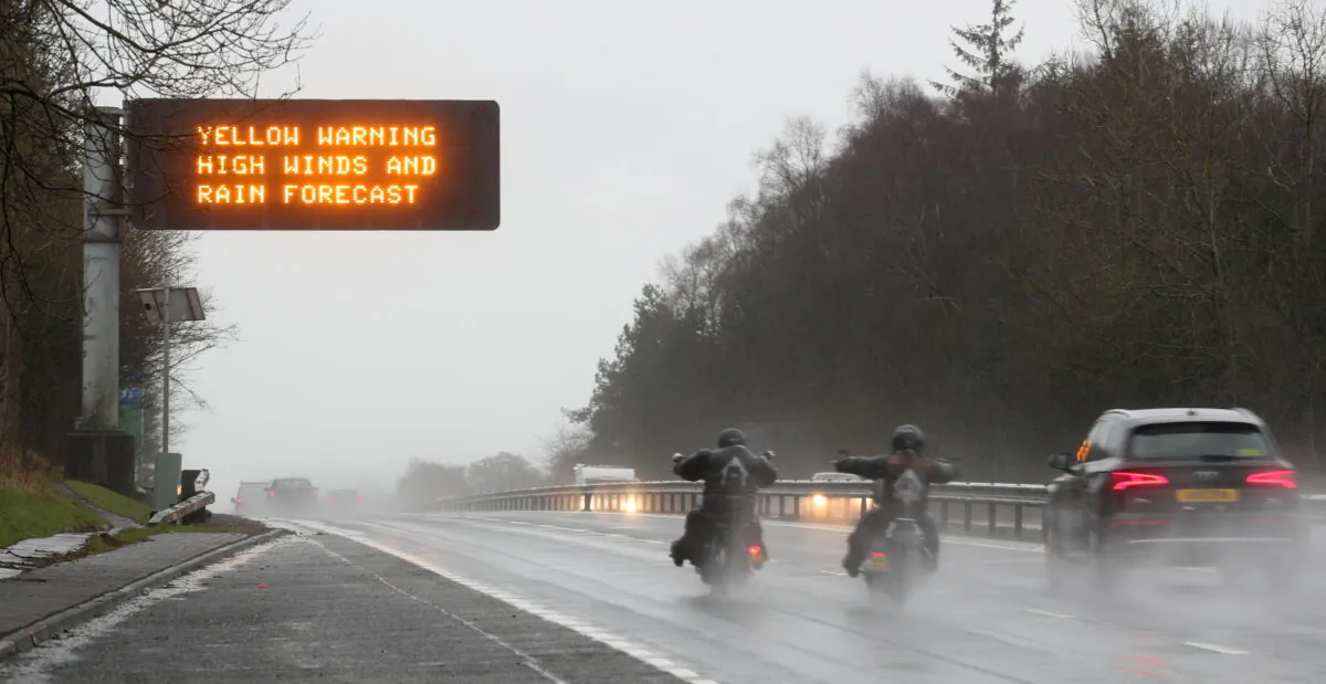 A traffic warning sign is seen on the A9 near Dunblane, Scotland, Britain on Feb. 15, 2020. (Russell Cheyne/Reuters)