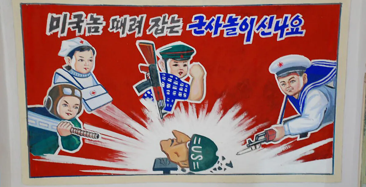 Anti-U.S. propaganda poster in a primary school at the Chongsan-ri Farm in North Korea. (stephan/CC BY-SA 2.0)