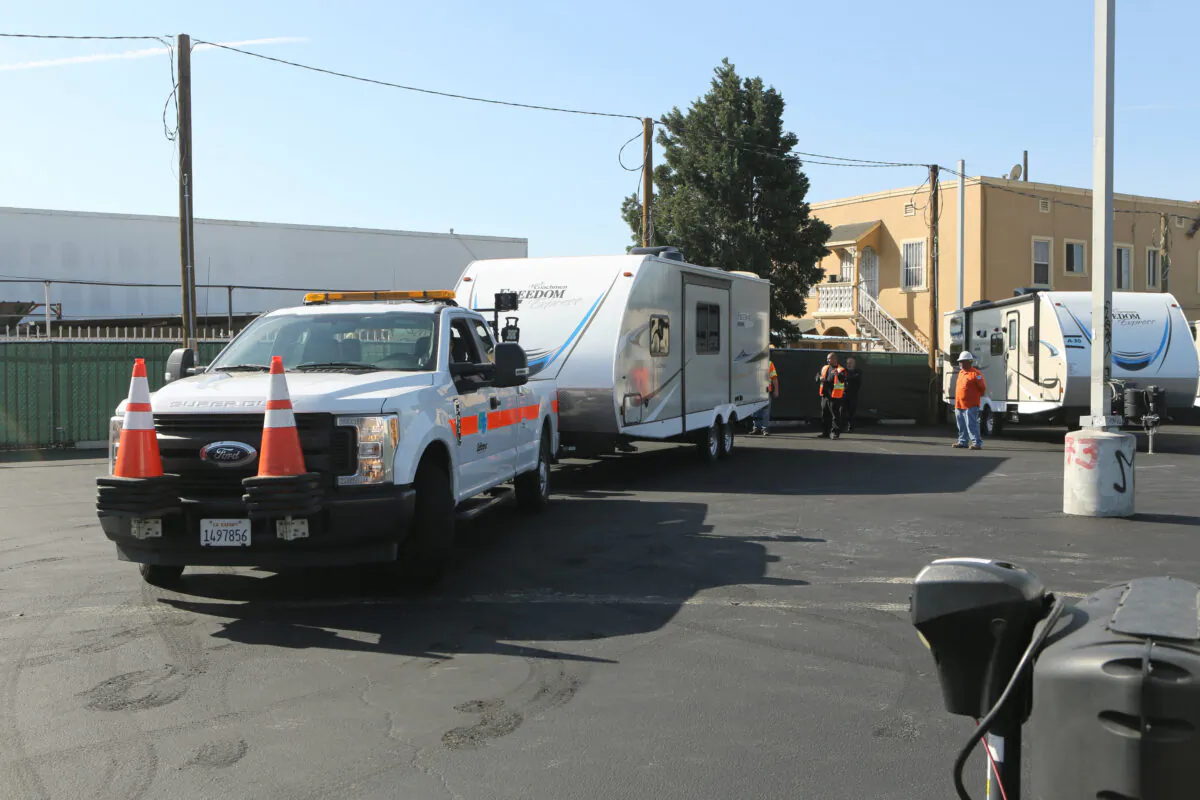 Trailers for the homeless are set up in south Los Angeles on Feb. 13, 2020. (Courtesy of Gov. Gavin Newsom's Office)