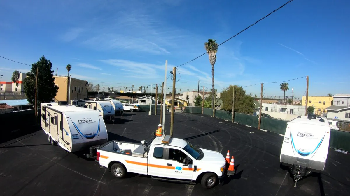 Trailers are set up in south Los Angeles for homeless families to move into, on Feb. 13, 2020. (Courtesy of Governor Gavin Newsom's Office)