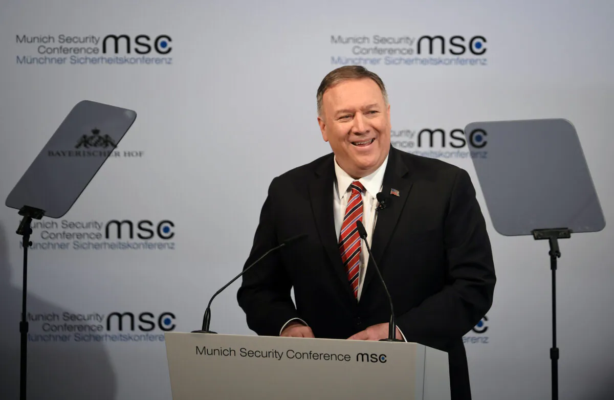 U.S. Secretary of State Mike Pompeo speaks at the annual Munich Security Conference in Germany on Feb. 15, 2020. (Andreas Gebert, Reuters)