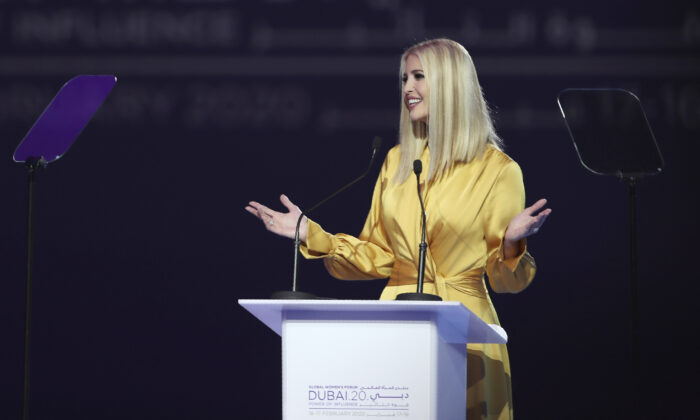 Ivanka Trump, daughter and senior adviser to President Donald Trump, delivers a keynote address at Global Women's Forum in Dubai, United Arab Emirates, on Feb. 16, 2020. (AP Photo/Kamran Jebreili)