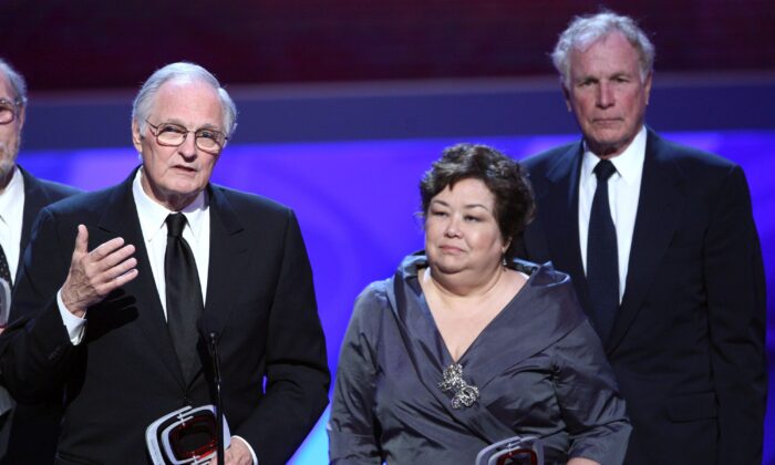  Actor Alan Alda, Actress Kellye Nakahara Wallet and Actor Wayne Rogers onstage at the 7th Annual TV Land Awards held at Gibson Amphitheatre on April 19, 2009 in Unversal City, California. (Alberto E. Rodriguez/Getty Images)