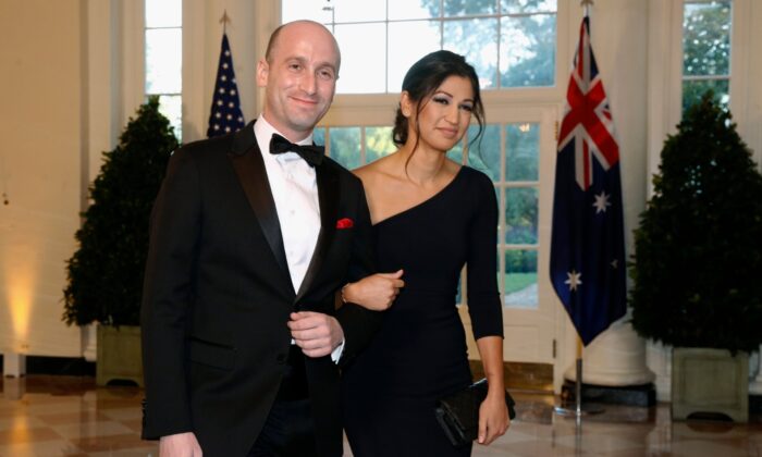 President Donald Trump's White House senior adviser Stephen Miller (L) and Katie Waldman, press secretary for Vice President Mike Pence, arrive for a state dinner with Australian Prime Minister and Trump at the White House in Washington on Sept. 20, 2019. (Patrick Semansky/AP Photo/ File)