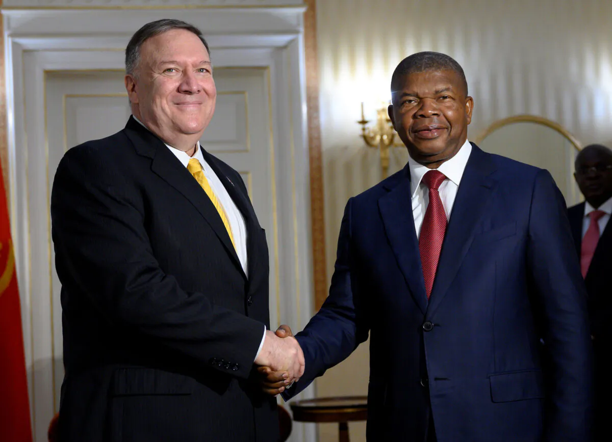 Angolan President João Lourenço meets with U.S. Secretary of State Mike Pompeo at the Presidential Palace in Luanda, Angola, on Feb. 17, 2020. (Andrew Caballero-Reynolds/Pool via Reuters)