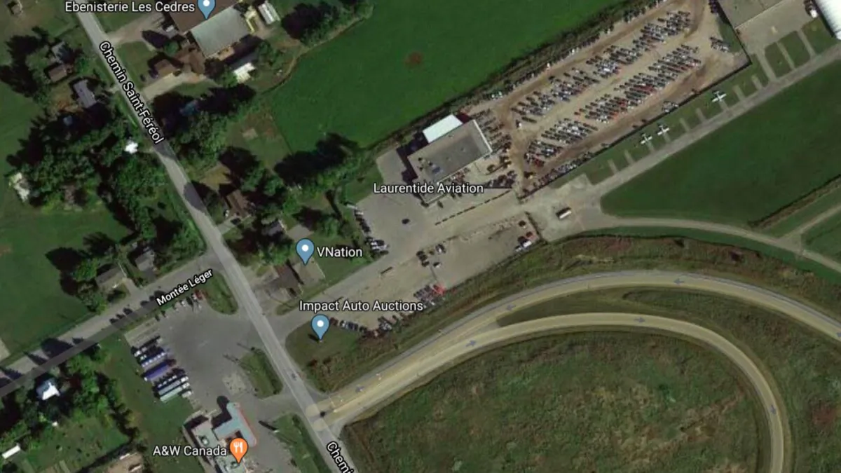 Aerial view of Montreal/Les Cedres Airport, off the western tip of Montreal island in Canada. (Google Maps)