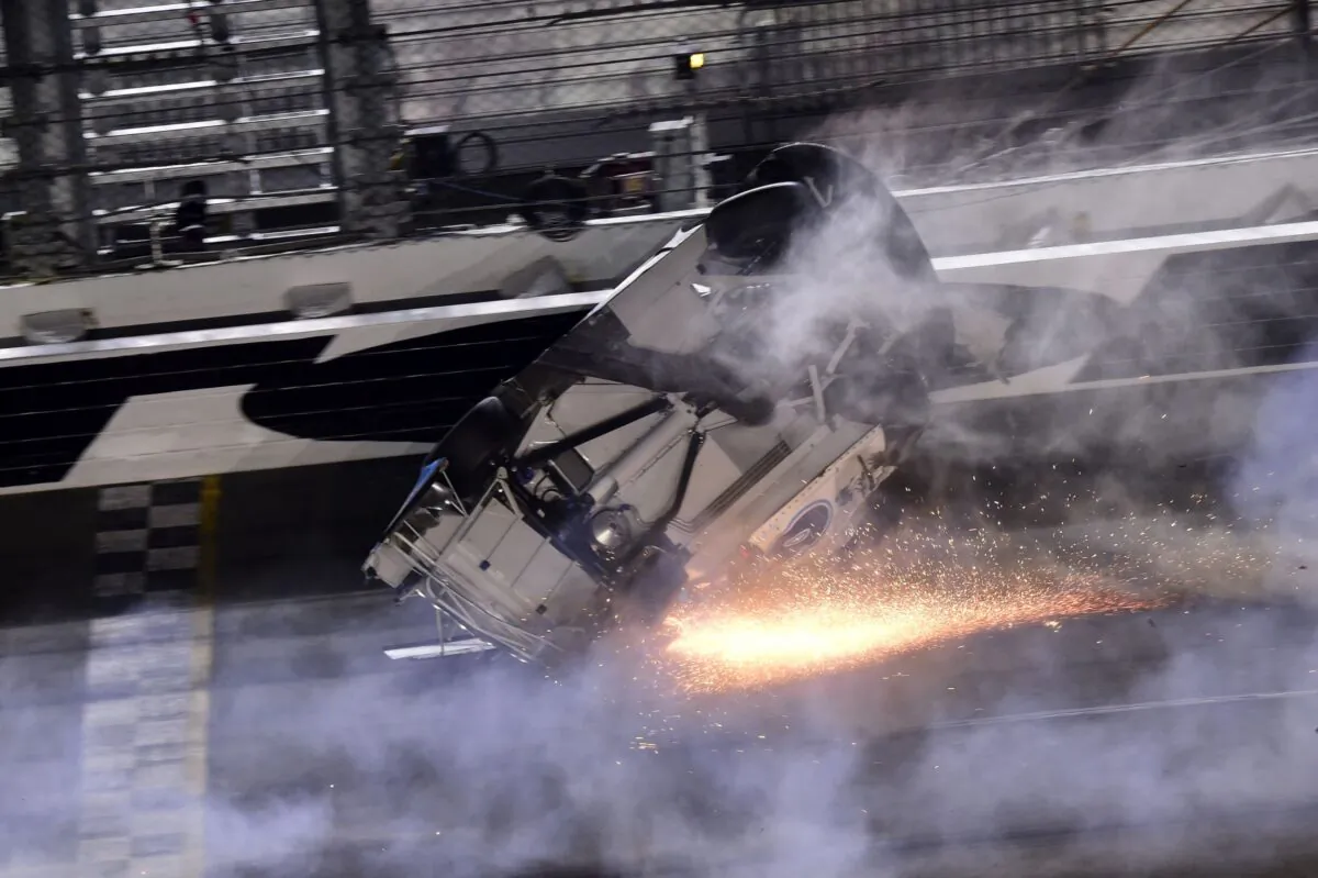 Ryan Newman, driver of the #6 Koch Industries Ford, flips over as he crashes during the NASCAR Cup Series 62nd Annual Daytona 500 at Daytona International Speedway in Daytona Beach, Florida, on Feb. 17, 2020. (Jared C. Tilton/Getty Images)