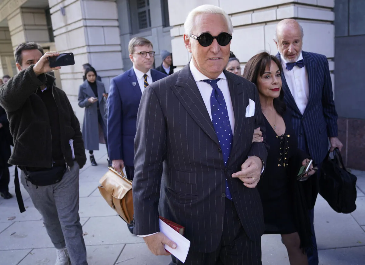 Roger Stone, former adviser to President Donald Trump, departs the E. Barrett Prettyman United States Courthouse in Washington on Nov. 15, 2019. (Win McNamee/Getty Images)