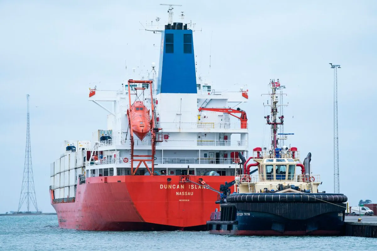 The cargo ship Duncan Island in Kalundborg Harbour in Denmark on  Feb. 16, 2020. (Claus Bech/Ritzau Scanpix via AP)