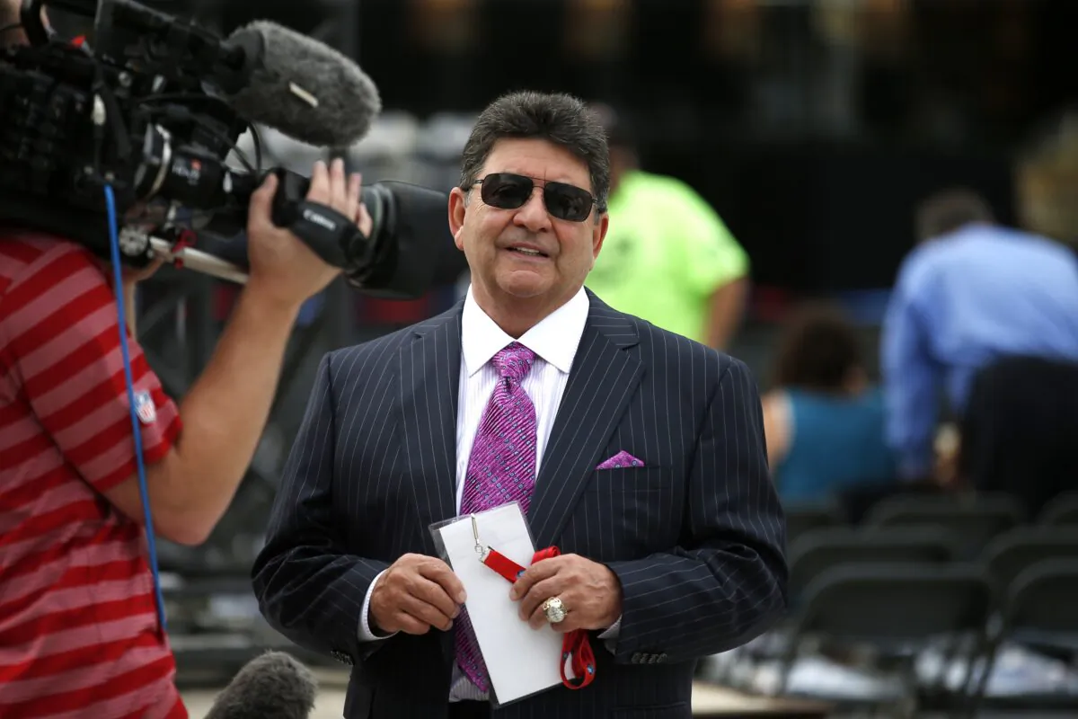 Former owner of the San Francisco 49ers Edward DeBartolo, Jr., is interviewed before the Pro Football Hall of Fame ceremony at Tom Benson Hall of Fame Stadium in Canton, Ohio on Aug. 8, 2015. (Gene Puskar/AP Photo)