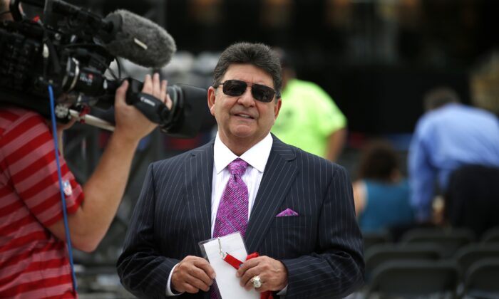 Former owner of the San Francisco 49ers Edward DeBartolo, Jr., is interviewed before the Pro Football Hall of Fame ceremony at Tom Benson Hall of Fame Stadium in Canton, Ohio on Aug. 8, 2015. (Gene Puskar/AP Photo)