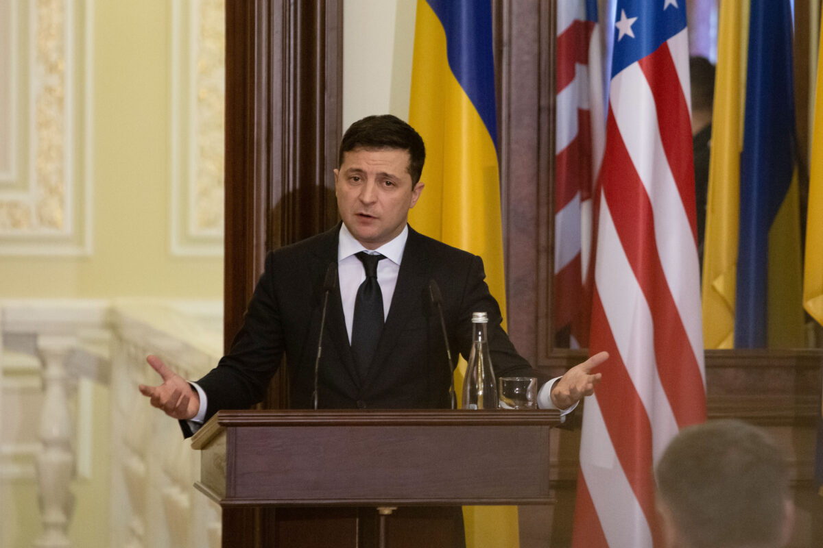 Ukraine President Volodymyr Zelensky attends a press conference with US Sec. of State Mike Pompeo at the president's office on January 31, 2020 in Kyiv, Ukraine. (Anastasia Vlasova/Getty Images)