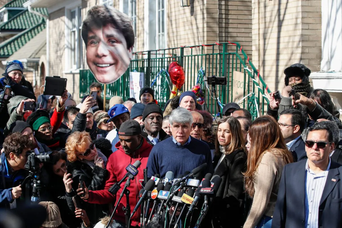 Former Illinois governor Rod Blagojevich speaks next to his wife Patricia Blagojevich outside of their house in Chicago, Illinois, on Feb. 19, 2020. (Kamil Krzaczynski/AFP via Getty Images)