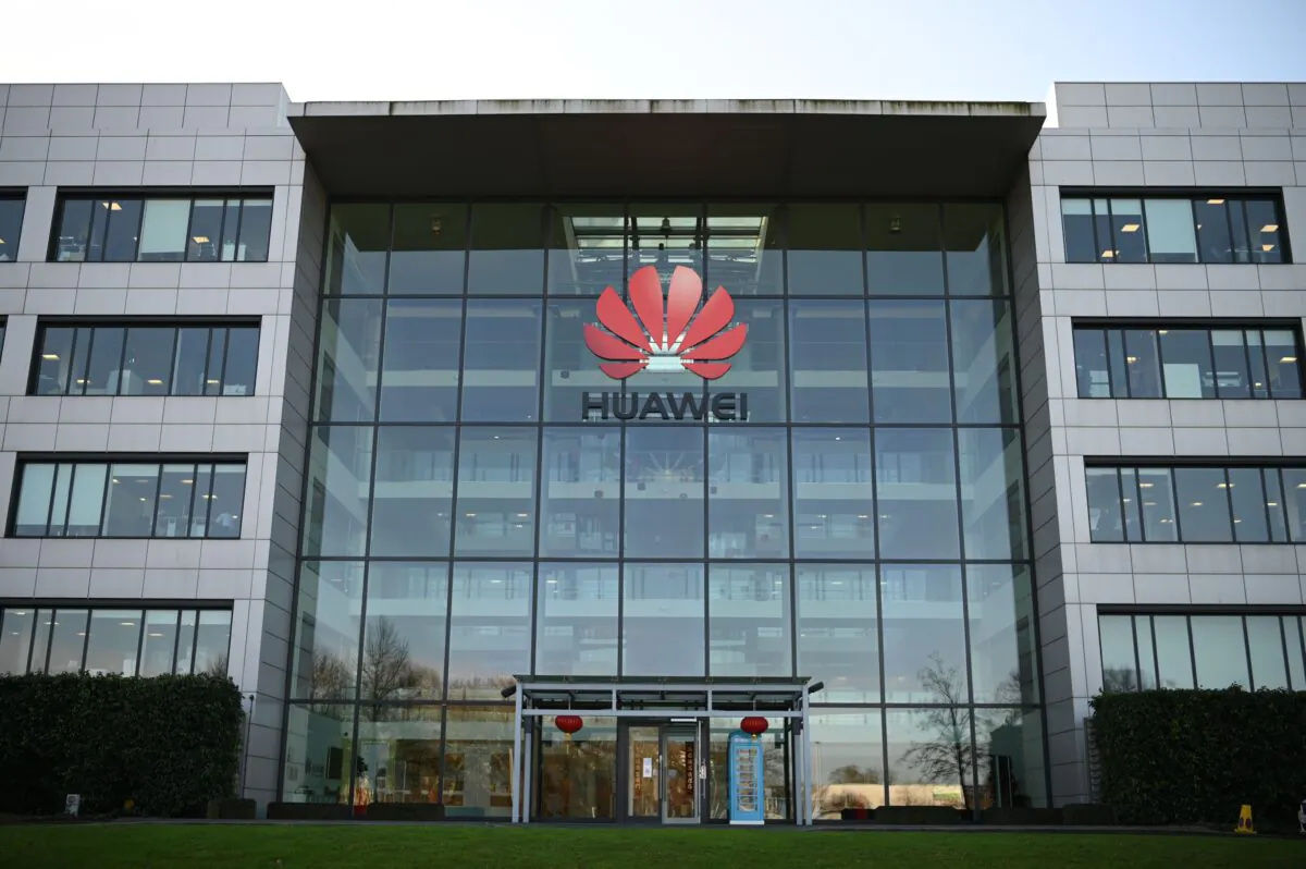 The logo of Chinese company Huawei is seen at its main UK offices in London, on Jan. 28, 2020. (Daniel Leal-Olivas/AFP via Getty Images)