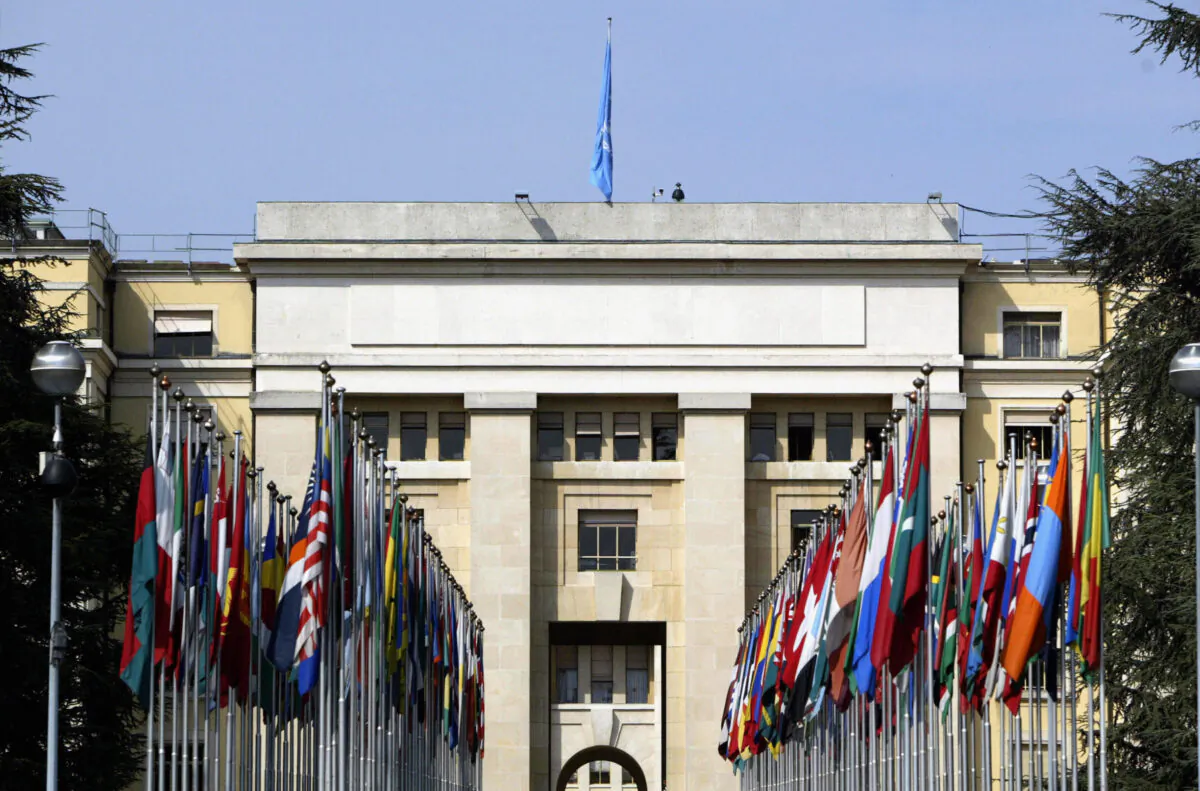 View of the main entrance of the Palace of Nations (Palais des Nations) which houses the European headquarters of the UN, in Geneva, on May 28, 2004. The building, built between 1929 and 1936, originally housed the League of Nations. (John Macdougall/AFP via Getty Images)