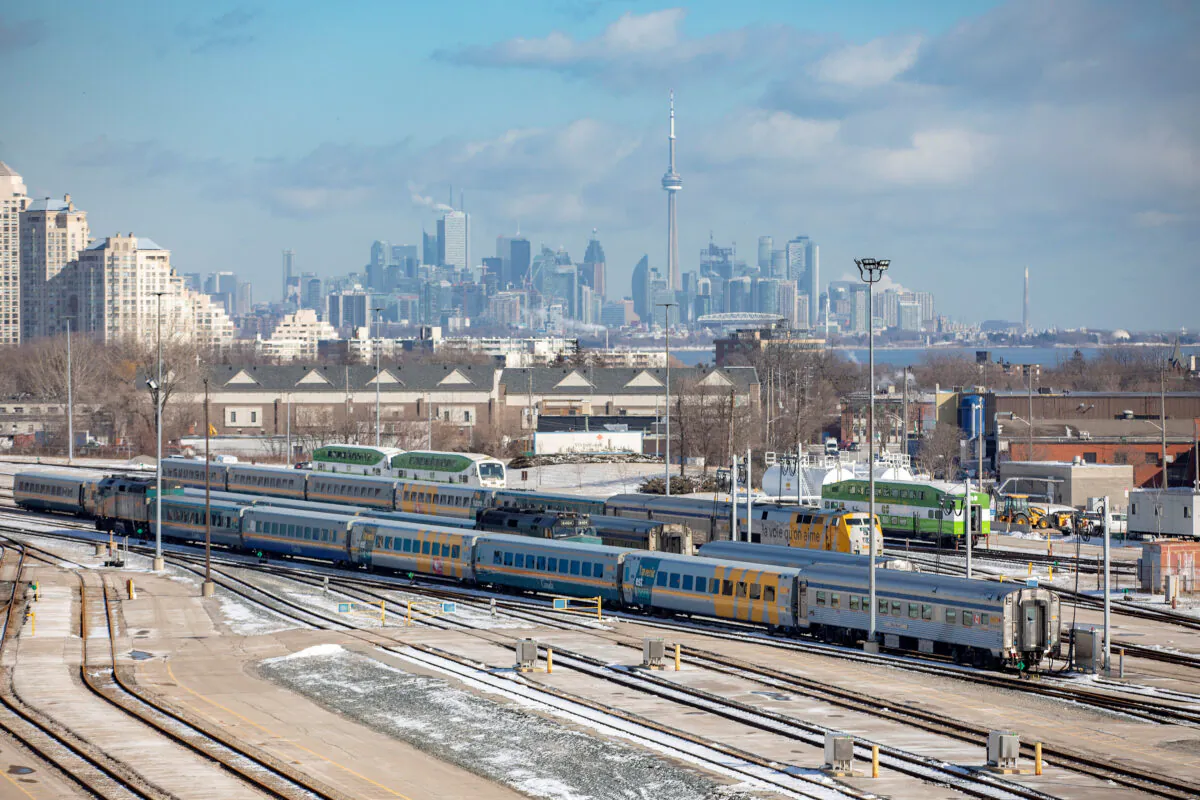 VIA Rail trains are seen parked at VIA Rail's Toronto Maintenance Centre at Union Station in Toronto, Ontario, on Feb. 14, 2020. (Carlos Osorio/Reuters)