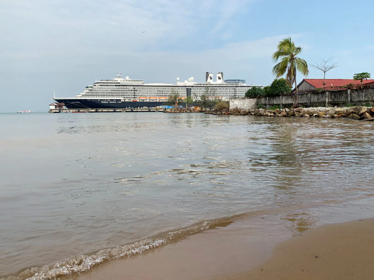 The MS Westerdam cruise ship is docked at the pier in Sihanoukville, Cambodia on Feb. 19, 2020. (Clare Baldwin/Reuters)