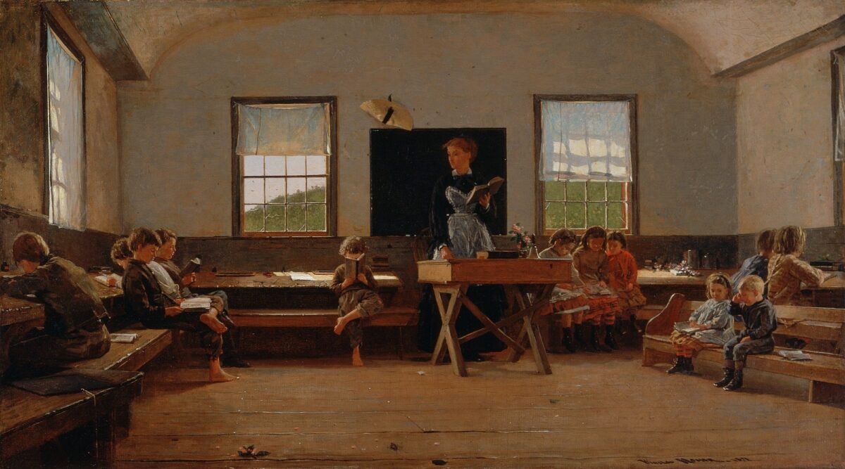 At one time, the crucial component in education was forming a child’s character. “The Country School,” 1871, by Winslow Homer. St.Louis Art Museum. (Public Domain)