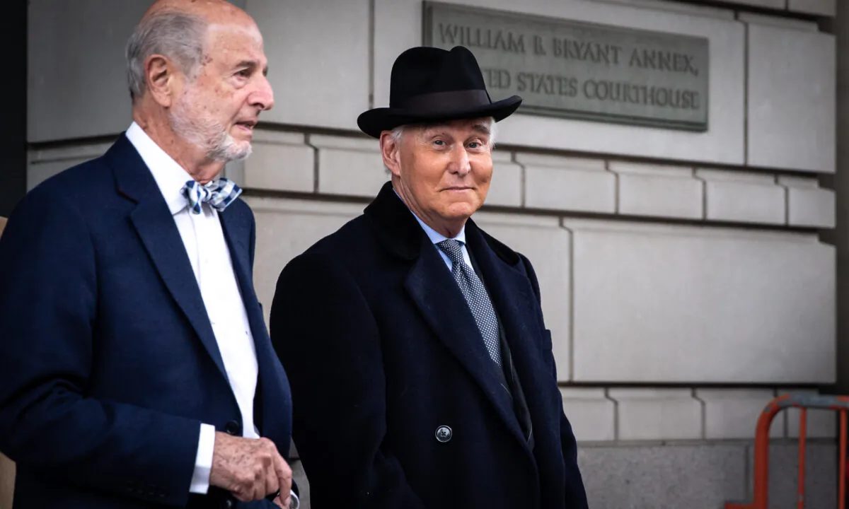 Roger Stone, former adviser to President Donald Trump, leaves the Federal Court after a sentencing hearing in Washington, on Feb. 20, 2020. (Samira Bouaou/Epoch Times)