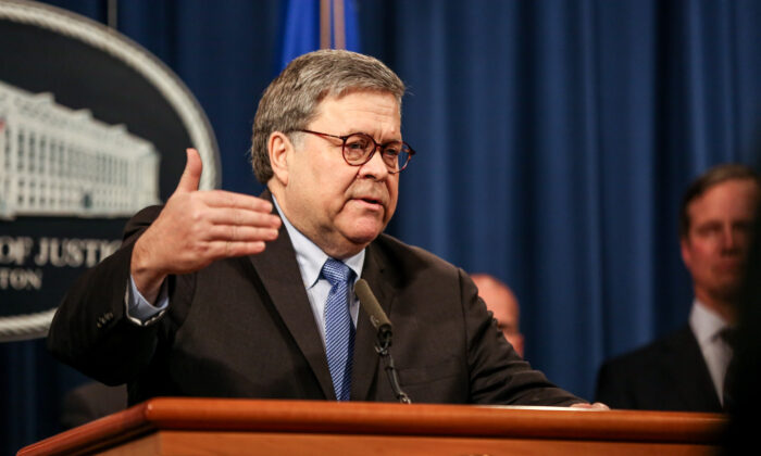 Attorney General Bill Barr and justice officials hold a press conference at the Justice Department in Washington on Jan, 13, 2020. (Charlotte Cuthbertson/The Epoch Times)