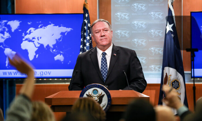 Secretary of State Mike Pompeo holds a press briefing at the State Department in Washington on Jan. 7, 2020. (Charlotte Cuthbertson/The Epoch Times)