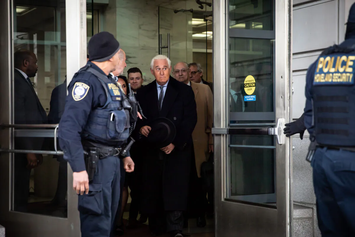 Roger Stone, former adviser to President Donald Trump, leaves the Federal Court after a sentencing hearing in Washington, on Feb. 20, 2020. (Samira Bouaou/Epoch Times)