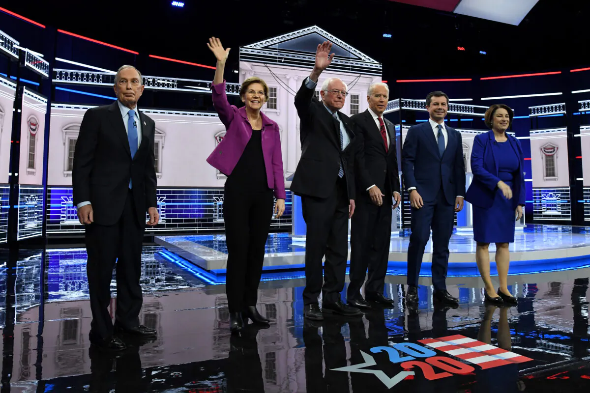 Democratic presidential candidates (L-R) former New York City Mayor Mike Bloomberg, Sen. Elizabeth Warren (D-Mass.), Sen. Bernie Sanders (I-Vt.), former Vice President Joe Biden, former South Bend, Indiana Mayor Pete Buttigieg, and Sen. Amy Klobuchar (D-Minn.) arrive on stage for the Democratic presidential primary debate in Las Vegas, Nev., on Feb. 19, 2020. (Ethan Miller/Getty Images)