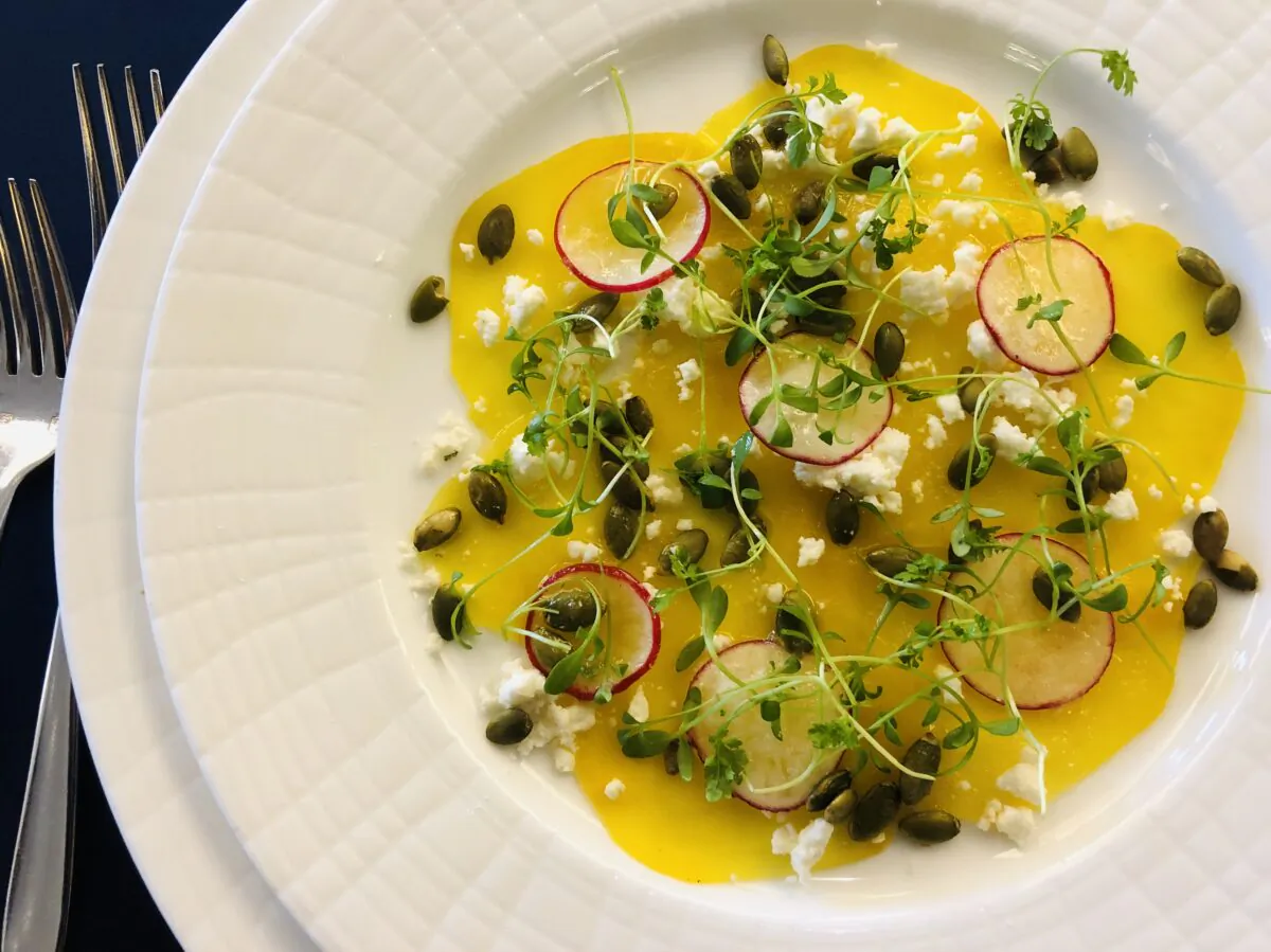 An elegant golden beet carpaccio from Brian Dandro, executive chef of Royal Sonesta Boston. (Courtesy of Royal Sonesta Boston)