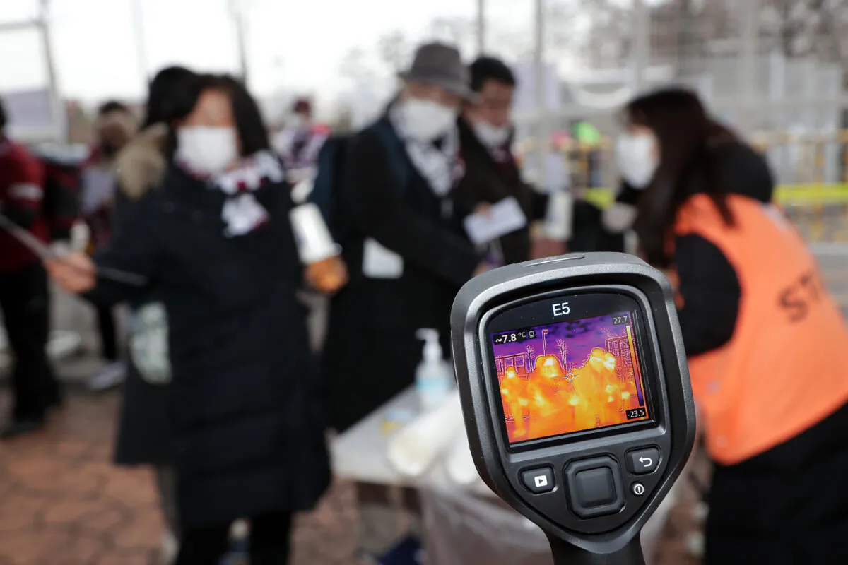 Vissel Kobe fans are tested for signs of the coronavirus  in Suwon, South Korea, on Feb. 19, 2020. (Han Myung-Gu/Getty Images)