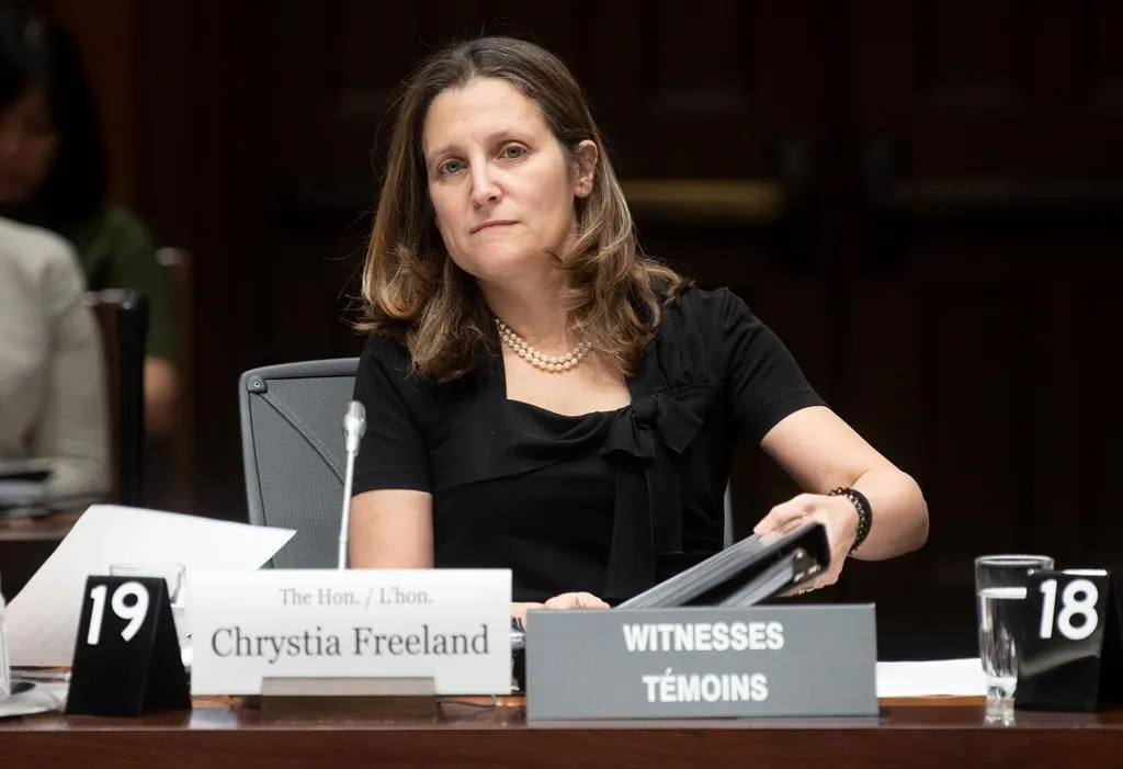 Deputy Prime Minister and Minister of Intergovernmental Affairs Chrystia Freeland waits to appear before the House of Commons Standing Committee on International Trade in Ottawa on Feb.18, 2020. (Adrian Wyld/Canadian press)
