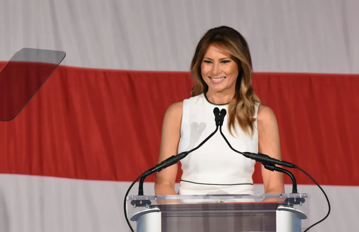 First Lady Melania Trump delivers remarks at Palm Beach Atlantic University's Women of Distinction Luncheon in Palm Beach, Florida, on Feb. 19, 2020. (Michele Eve Sandberg/AFP via Getty Images)