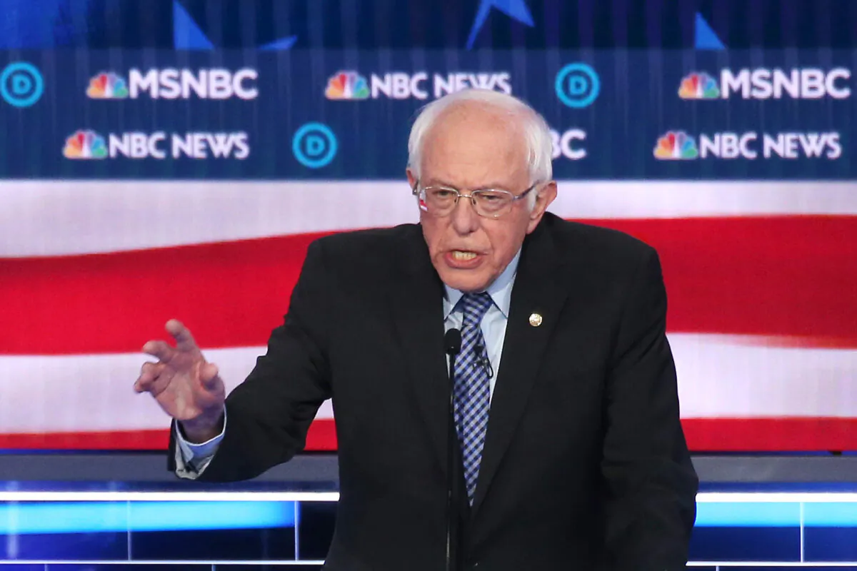 Democratic presidential candidate Sen. Bernie Sanders (I-Vt.) during the Democratic presidential primary debate at Paris Las Vegas in Nevada on Feb. 19, 2020. (Mario Tama/Getty Images)