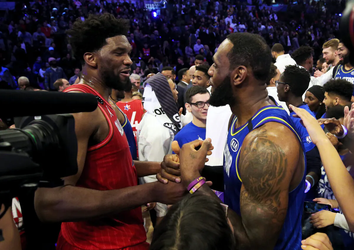 Joel Embiid #24 of Team Giannis and LeBron James #2 of Team LeBron meet after Team LeBron beat Team Giannis 157-155 in the 69th NBA All-Star Game at the United Center in Chicago, Illinois on Feb. 16, 2020. (Jonathan Daniel/Getty Images)