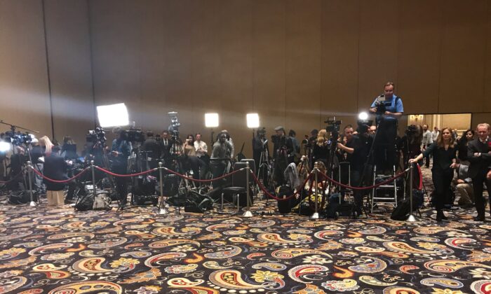 The press at the Bellagio Hotel, waiting for the Democratic caucus to start, Las Vegas, Nev., Feb. 22, 2020. (Roger L. Simon/The Epoch Times)