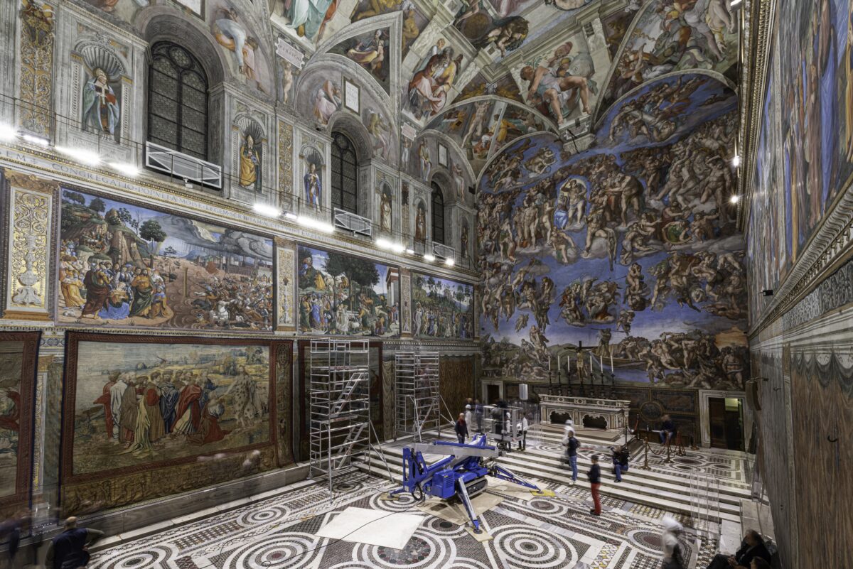 Pope Leo X commissioned Raphael to design tapestries for the lower walls of the  Sistine Chapel, to complement the biblical stories already painted by preeminent 15th century painters, and of course, by Michelangelo. (Governatorato SCV – Direzione dei Musei)  