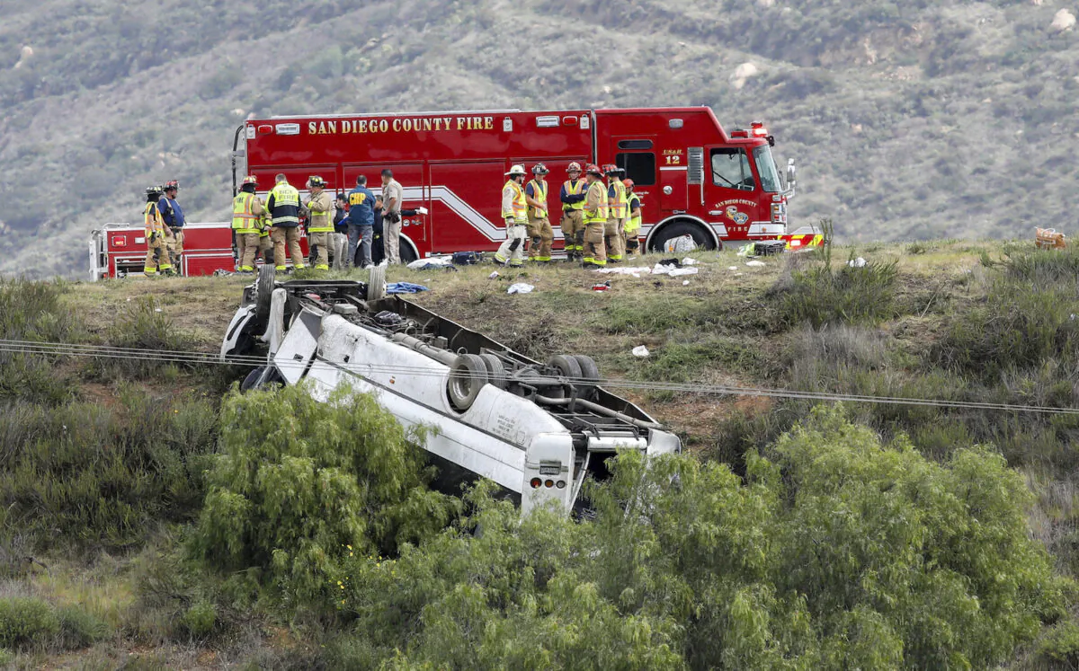 A bus rolled down an embankment off Interstate 15 in North San Diego County on Feb. 22, 2020, killing several people and injuring others. (Don Boomer/The San Diego Union-Tribune via AP)