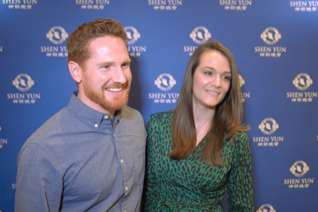 Rob Foy and Courtney Foy at the Merriam Theater in Philadelphia, Pennsylvania, on Feb. 22, 2020. (NTD Television)