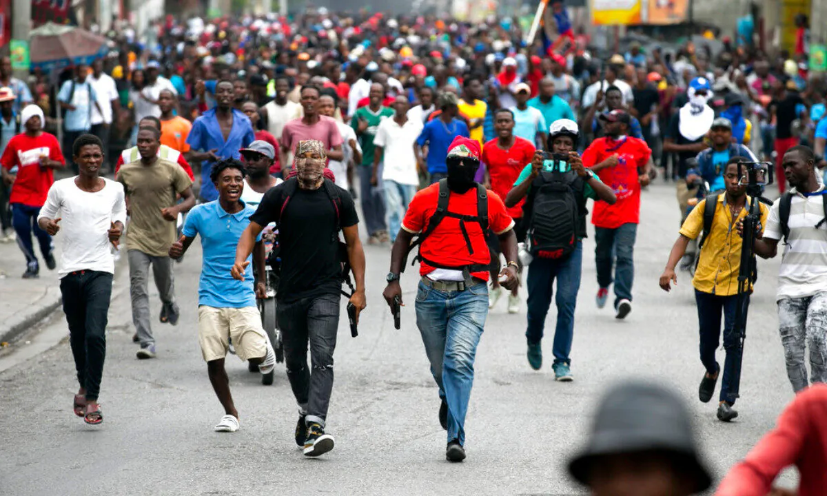 Armed off-duty police officers protest over police pay and working conditions, in Port-au-Prince, Haiti, on Feb. 23, 2020. (Dieu Nalio Chery/AP Photo)