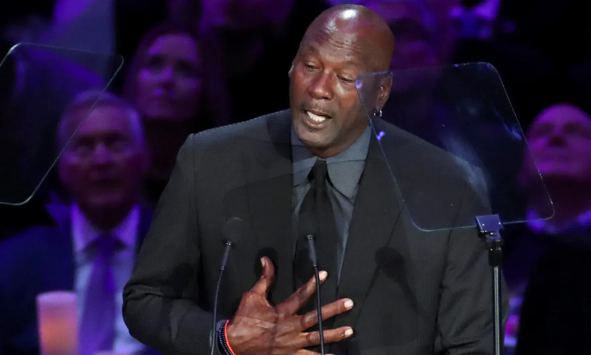 Former basketball player Michael Jordan speaks during a public memorial for NBA great Kobe Bryant, his daughter Gianna and seven others killed in a helicopter crash on Jan. 26, at the Staples Center in Los Angeles, Calif., on Feb. 24, 2020. (Lucy Nicholson/Reuters)
