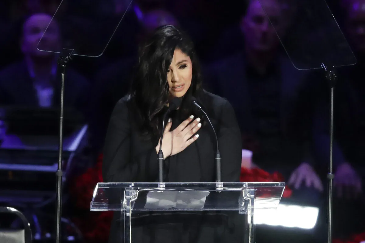 Vanessa Bryant speaks during a celebration of life for her husband Kobe Bryant and daughter Gianna in Los Angeles, Calif., on Feb. 24, 2020. (Marcio Jose Sanchez/AP Photo)