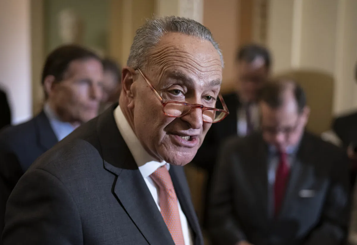 Senate Minority Leader Chuck Schumer (D-N.Y.), talks to reporters following a Democratic strategy meeting at the Capitol in Washington on Feb. 11, 2020. (J. Scott Applewhite/AP Photo)
