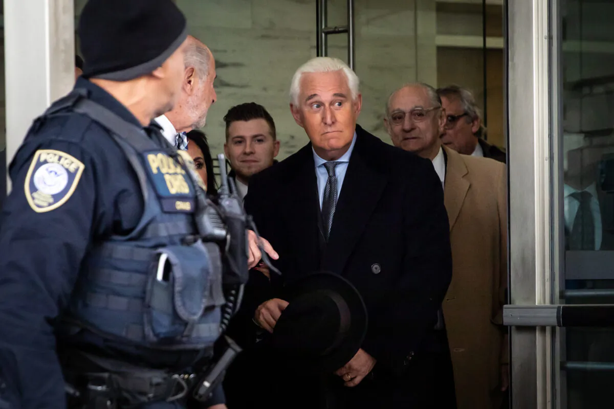 Roger Stone, former adviser to President Donald Trump, leaves the Federal Court after a sentencing hearing in Washington on Feb. 20, 2020. (Samira Bouaou/Epoch Times)