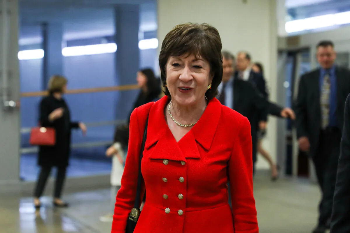 Sen. Susan Collins (R-Maine) in the Senate subway area of the Capitol before President Donald Trump's State of the Union address in Washington on Feb. 4, 2020. (Charlotte Cuthbertson/The Epoch Times)