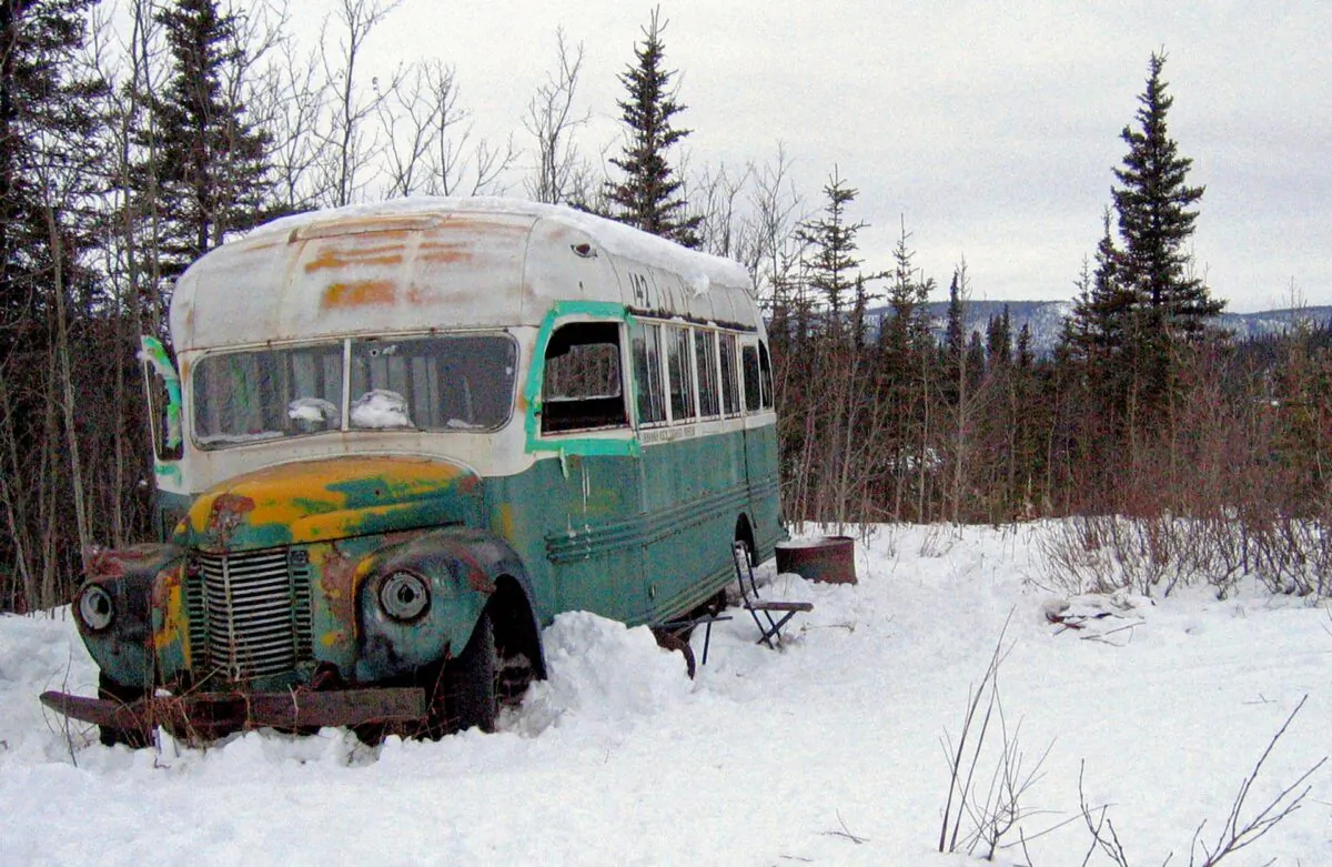 The abandoned bus where Christopher McCandless starved to death in 1992 on Stampede Road near Healy, Alaska, on March 21, 2006. (Jillian Rogers/AP Photo)