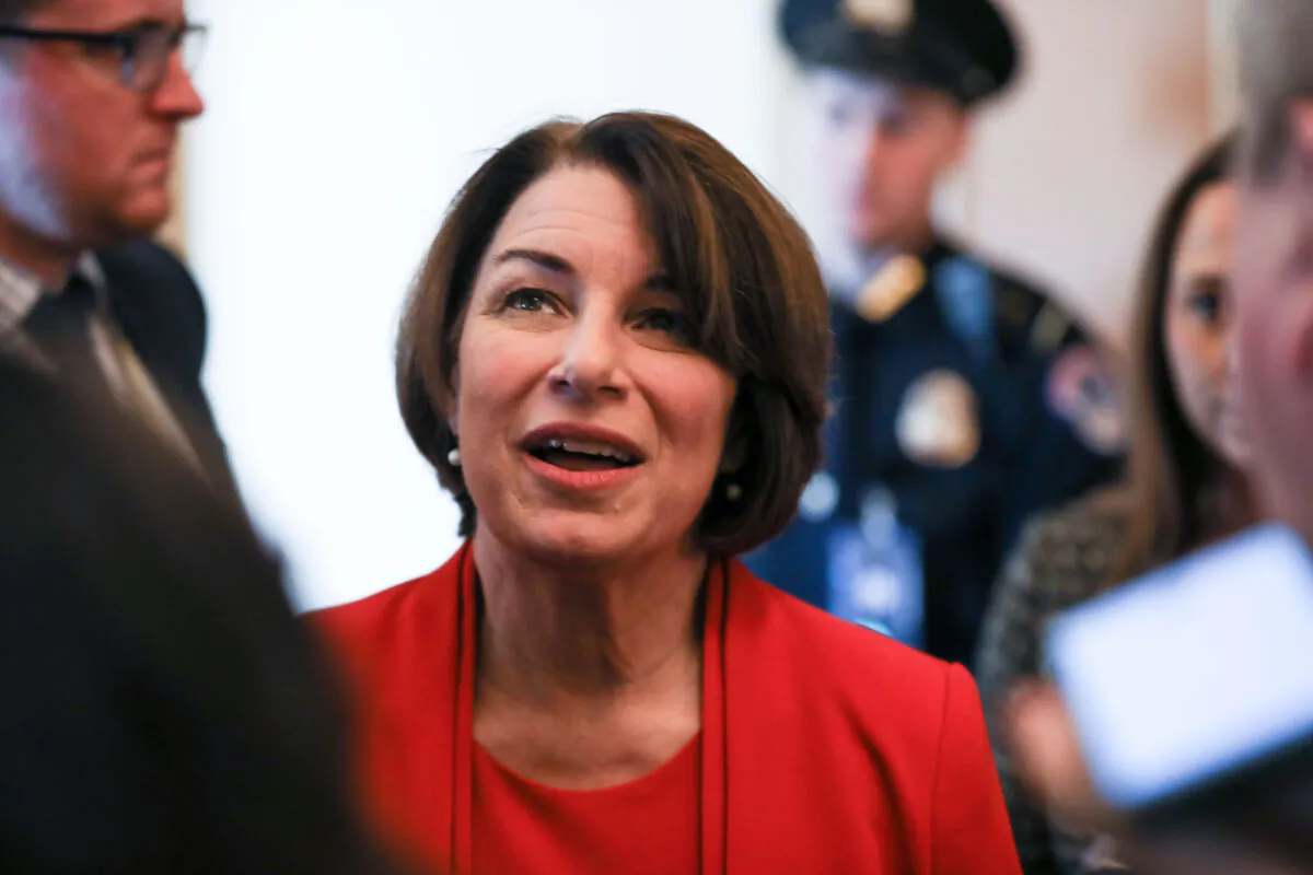 Sen. Amy Klobuchar (D-Minn.) on Capitol Hill in Washington on Feb. 3, 2020. (Charlotte Cuthbertson/The Epoch Times)