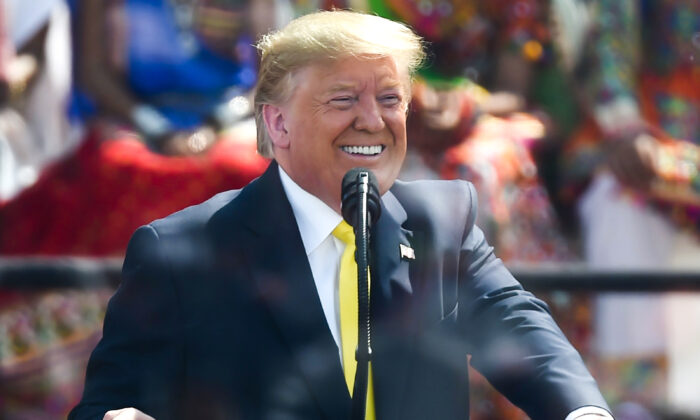 President Donald Trump smiles while addressing 'Namaste Trump' rally at Sardar Patel Stadium in Motera, on the outskirts of Ahmedabad, India, on Feb. 24, 2020. (Money Sharma/AFP via Getty Images)