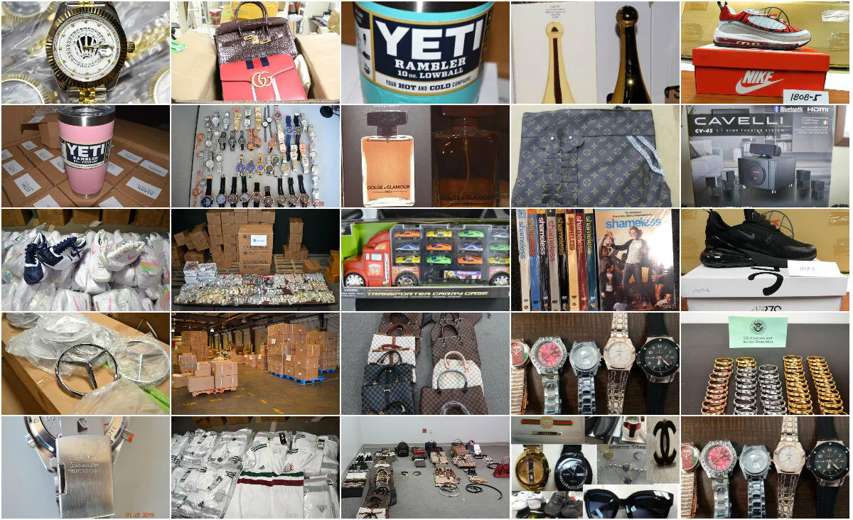A collage composed of photos of counterfeits seized by Customs and Border Protection. (Epoch Times/CBP)