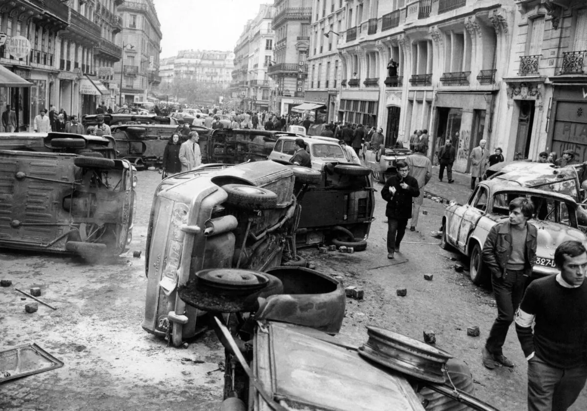 Overturned cars on Gay-Lussac Street in Paris on the morning of May 11, 1968, after violent fights between students and police the night before. (AFP via Getty Images)