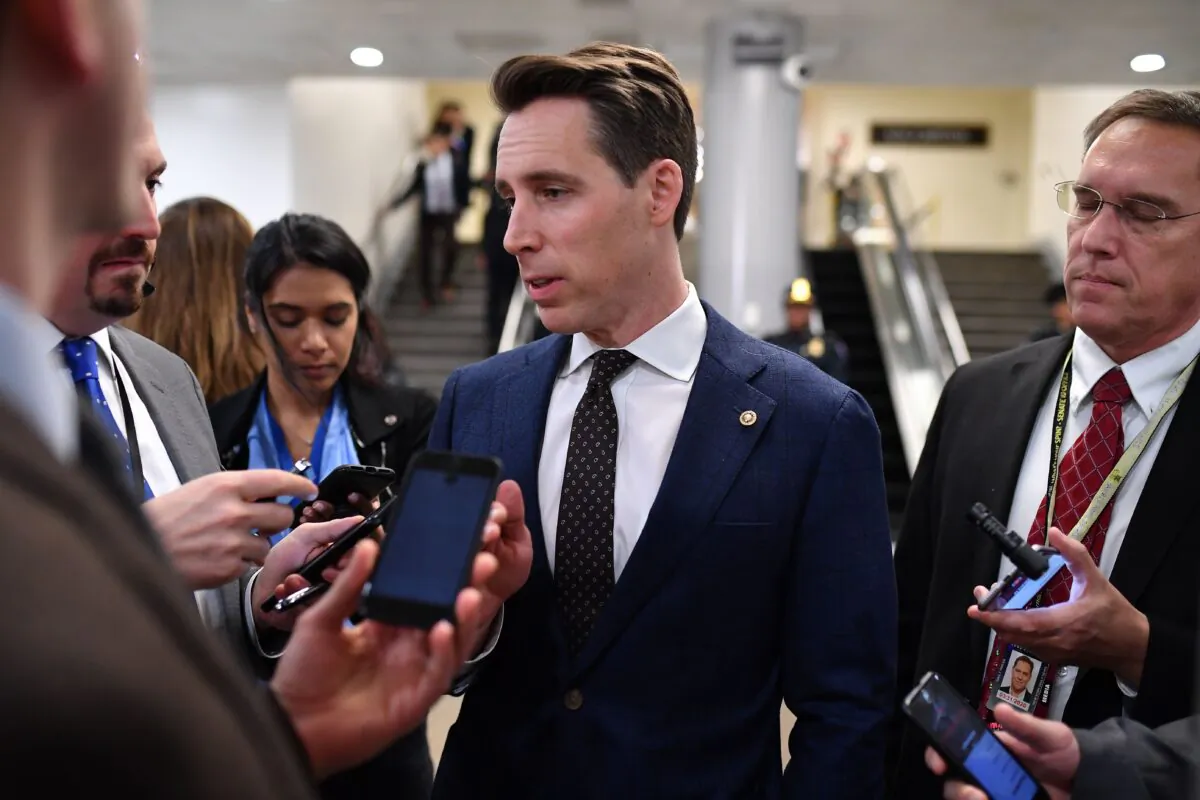 U.S. Senator Josh Hawley (R-Mo.) speaks to the press during a recess in the impeachment trial at the U.S. Capitol in Washington on Jan. 24, 2020. (Mandel Ngan/AFP via Getty Images)